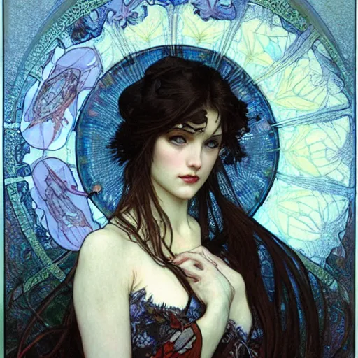 Prompt: realistic detailed face portrait of The Morrigan by Alphonse Mucha, Ayami Kojima, Amano, Charlie Bowater, Karol Bak, Greg Hildebrandt, Jean Delville, and Mark Brooks, Art Nouveau, Neo-Gothic, gothic, rich deep moody colors
