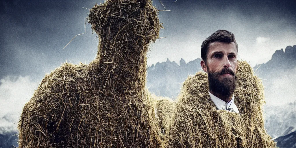 Image similar to alpine farmer transforming into hay monsters ,roots and hay coat, dolomites in background, dark, eerie, despair, portrait photography, artstation, highly detailed, sharp focus, by cronneberg