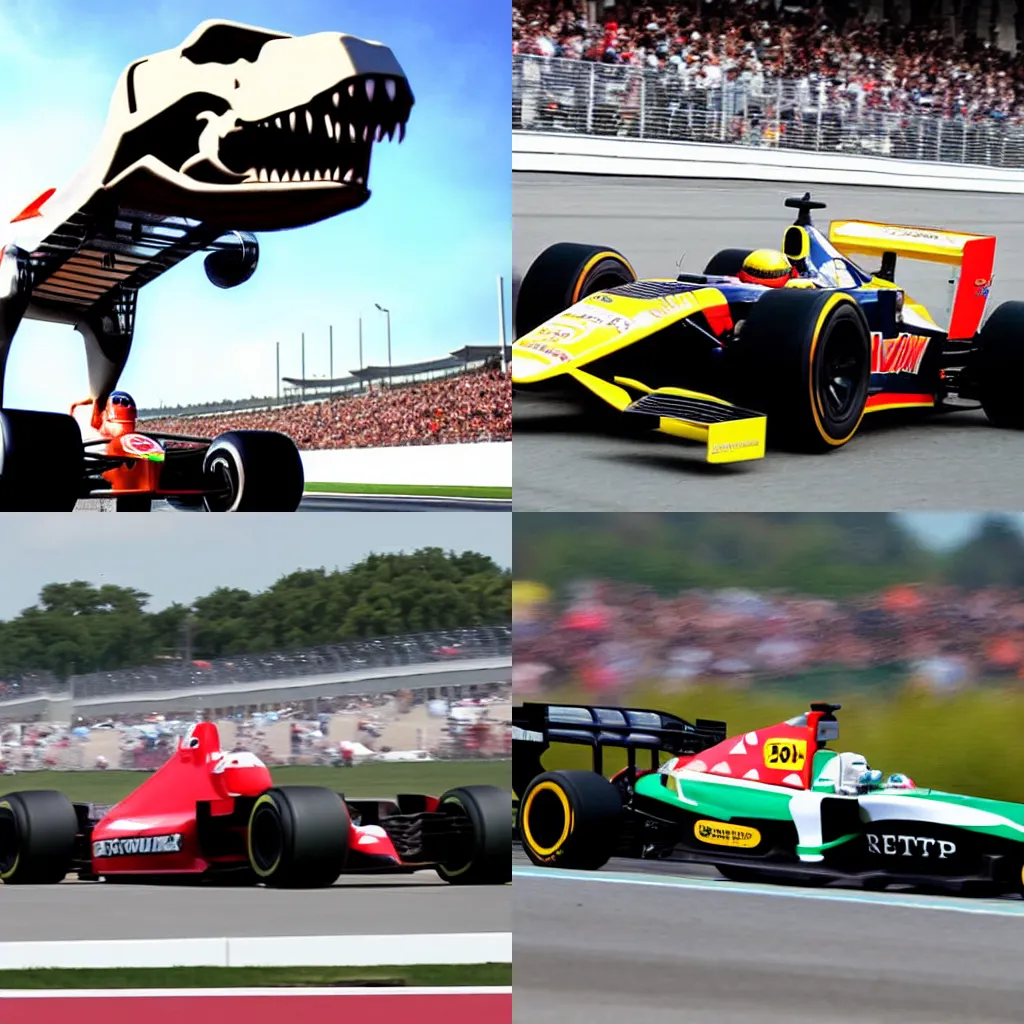 Prompt: T-Rex invades formula 1 car race photo