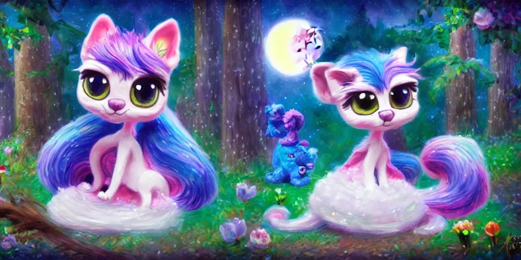 Prompt: 3 d littlest pet shop cat, lacey accessories, glittery wedding, ice cream, gothic, raven, rainbow, smiling, forest, moon, stars, master painter and art style of noel coypel, art of emile eisman - semenowsky, art of edouard bisson