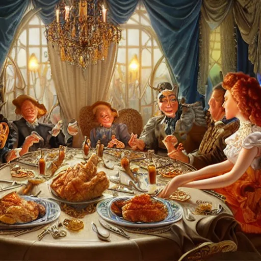 Image similar to fancy dinner with people sitting around a large dinner table, Realistic, Regal, Refined, Detailed Digital Art, Michael Cheval, Walt Disney (1937), François Boucher, Oil Painting, Steampunk, Highly Detailed, Cinematic Lighting, Unreal Engine, 8k