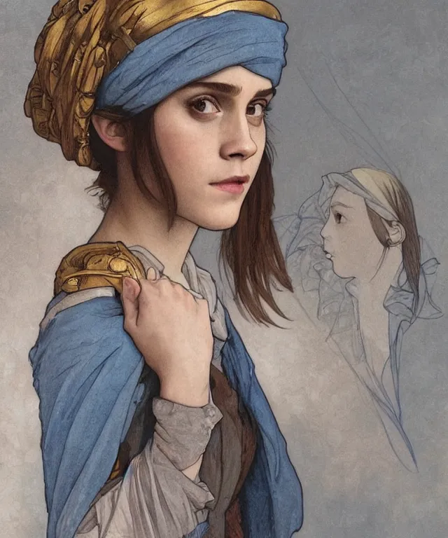 Image similar to Emma Watson as the girl with the pearl earring, highly detailed, digital painting, artstation, concept art, smooth, sharp focus, illustration, ArtStation, art by artgerm and greg rutkowski and alphonse mucha and J. C. Leyendecker and Edmund Blair Leighton and Katsuhiro Otomo and Geof Darrow and Phil hale and Ashley wood and Ilya repin and Charlie Bowater