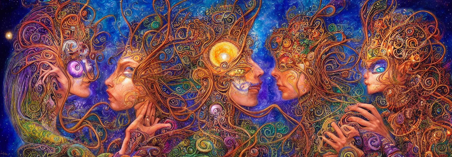 Image similar to two psychedelic shamans intertwined in a cosmic entanglement by Josephine Wall and Daniel Merriam, Artstation