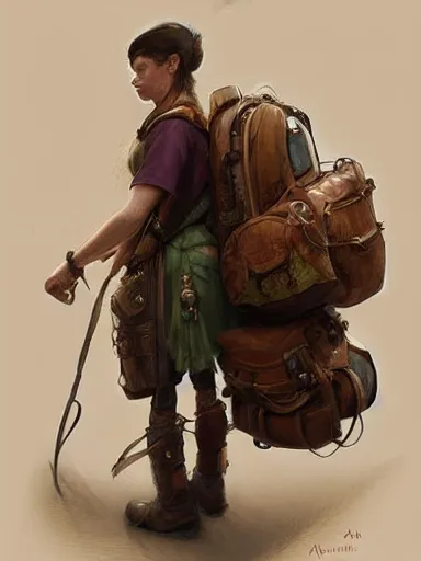 Prompt: a tinker carrying a giant backpack, full of trinkets and hanging stuff. intricate, elegant, highly detailed, digital painting, artstation, concept art, sharp focus, illustration, by justin gerard and artgerm, 8 k