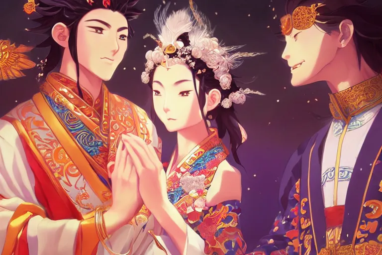 Image similar to close up moment of a divine a japan sun god and a moon goddess lovers magician at a wedding banquet, highly detailed, genshin, fantasy, 4 k realistic, digital painting, trending on artstation, concept art, sharp focus, illustration, art by makoto shinkai and akihiko yoshida and daniel gerhartz