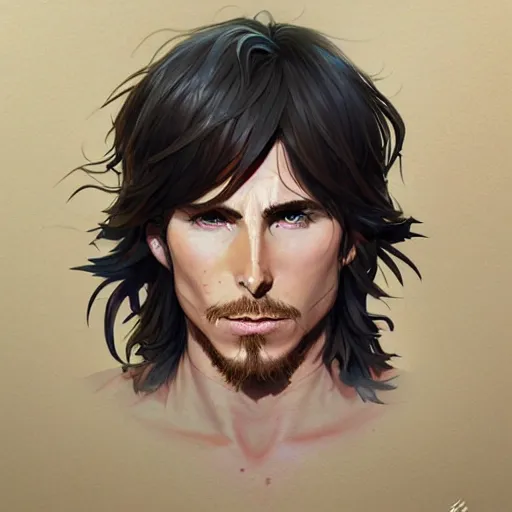 Image similar to anime Portrait of Christian Bale, intricate, wild, highly detailed, digital painting, artstation, concept art, smooth, sharp focus, illustration, art by artgerm and greg rutkowski and alphonse mucha and Hajime Sorayama