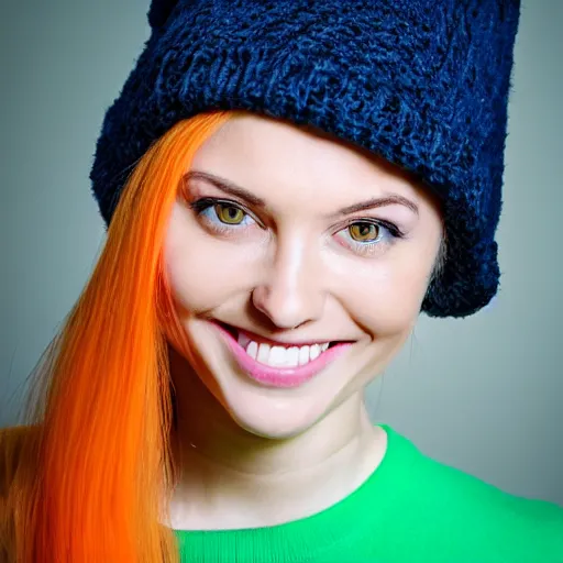 Prompt: portrait of a smiling 2 5 - year - old woman with 9 0 degree nails pretty face, perfect eye look up a bit, medium yellow blond hair, character with an orange hat, hair comes out of the hat a little