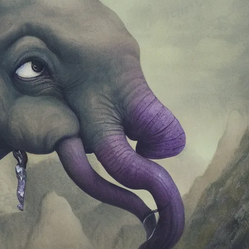 Prompt: purple elephant crying in a cave, close up camera angle, raining, mountain behind meadow, menacing, illustration, detailed, smooth, soft, cold, by Adolf Lachman, Shaun Tan, Surrealism