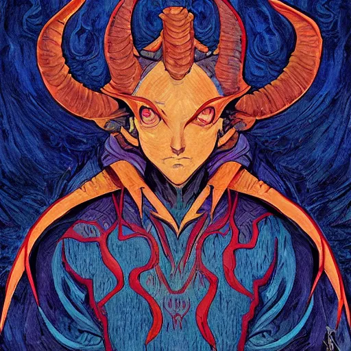 Image similar to art of symmetrical tiefling, in the style of moebius and studio ghibli and vincent van gogh