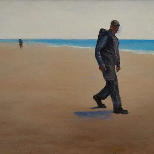 Prompt: a man in a hazmat walking on an abandoned beach, oil painting