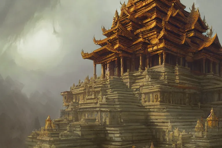 Image similar to a fantasy digital painting of a temple in the clouds, by Greg Rutkowski and James Gurney, trending on Artstation, highly detailed