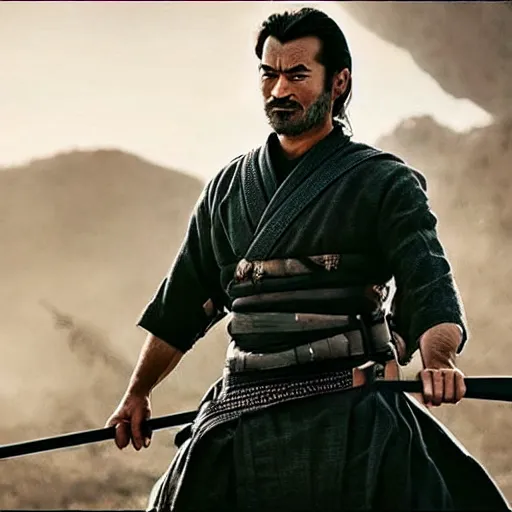 Image similar to handsome and strong kurdish samurai wielding a katana in a movie directed by christopher nolan, movie still frame, promotional image, imax 7 0 mm footage, perfect symmetrical facial features