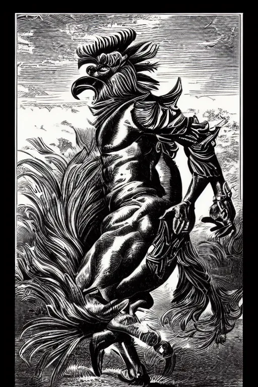 Prompt: 19th century wood-engraving of a confident muscular rooster-headed man surrounded by flames, whole page illustration from Jules Verne book titled Stardust Crusaders, art by Édouard Riou Jules Férat and Henri de Montaut, high quality, portrait, beautiful, highly detailed, removed watermarks