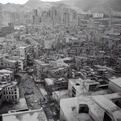 Image similar to brutalist city, prison city, totalitarian prison island, hashima island, rundown buildings, military buildings, prison complex, colorized 1 6 mm photo