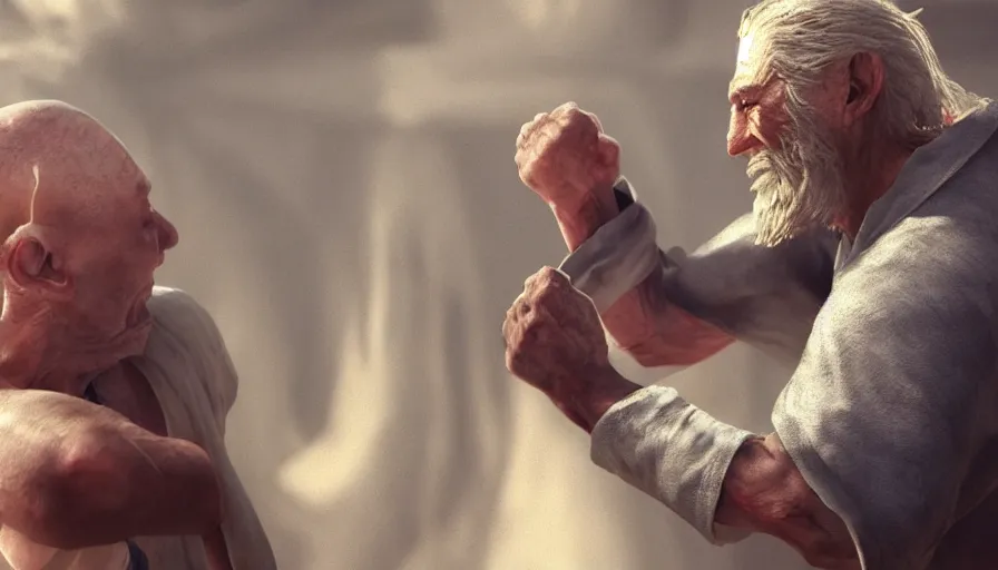 Image similar to jesus christ fighting a very old man, hyperrealistic, 8k, artstation, cgsociety