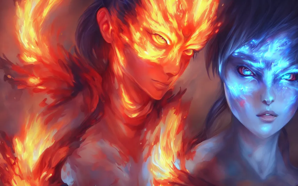 Image similar to A realistic anime portrait of a beautiful fire spirit twins with glowing red eyes and firey skin wearing clothes made of flames, digital painting, by Stanley Artgerm Lau, Sakimichan, WLOP and Rossdraws, digtial painting, trending on ArtStation, SFW version