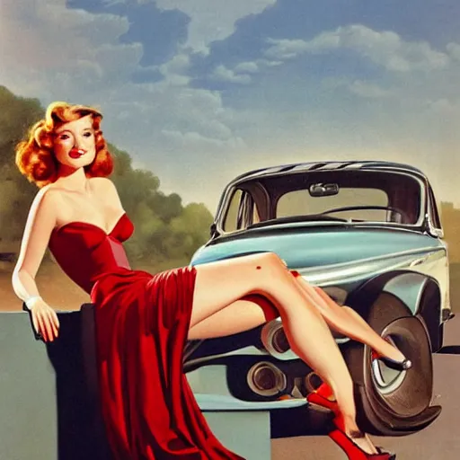 Image similar to woman, city, cars, by gil elvgren, olivia