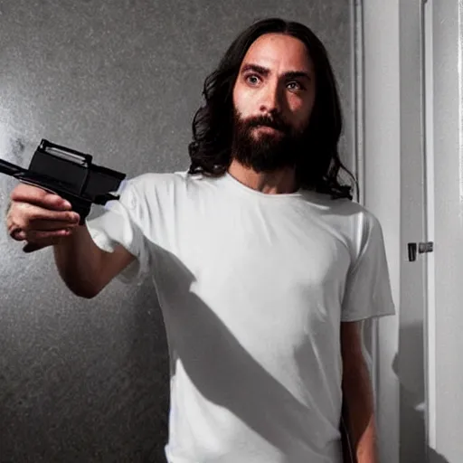 Prompt: jesus christ posing on instagram in his bathroom with an m 1 6