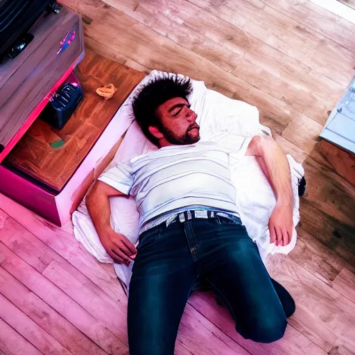 Prompt: close up aerial view portrait of a guy laying on the floor of his bedroom looking at the camera, synthwave colors, computer, cell phone, video games, tv, knick knacks, synthwave colors, 8K