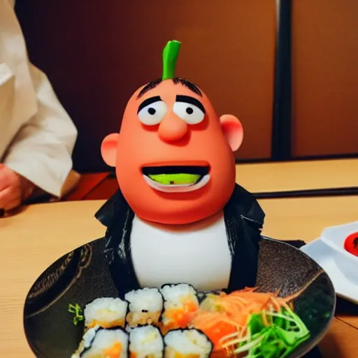 Image similar to Mr. Potato Head eating sushi at a Japanese restaurant