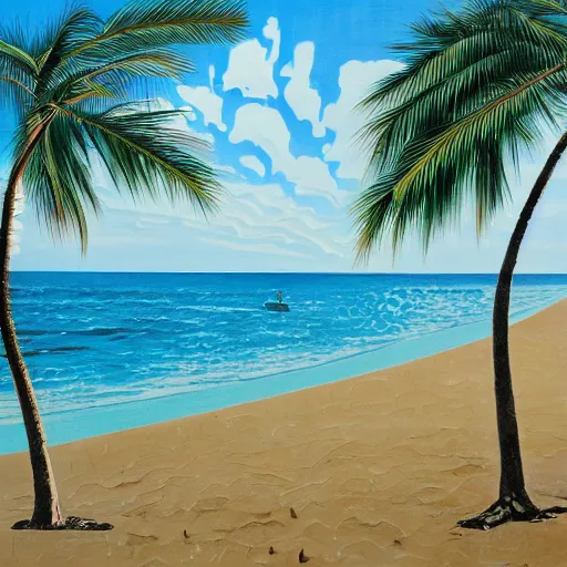 Prompt: Okinawa beach with blue skies and palm trees, woodblock painting, intricate, elegant, simplistic, trending on Artstation