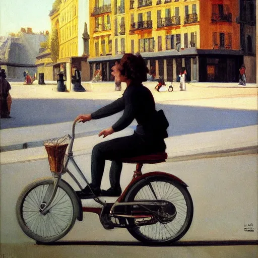 Image similar to young australian shepherd puppy riding a bike in paris. edward hopper. faithfully depicted, sharp focus, global illumination, radiant light, detailed and intricate environment, trending on artstation