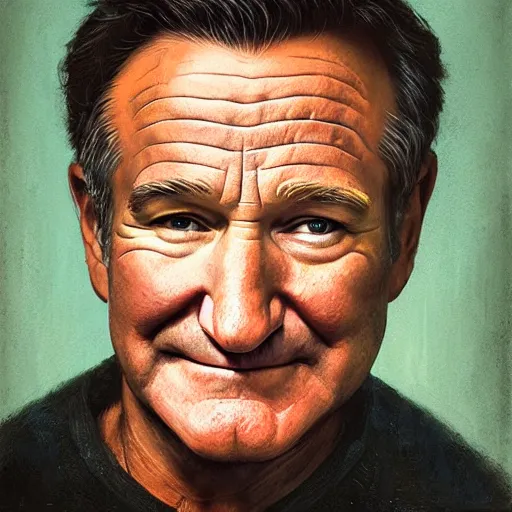 Image similar to portrait of a Robin Williams, staring at you, black background, curious eyes, by Anato Finnstark, Tom Bagshaw, Brom