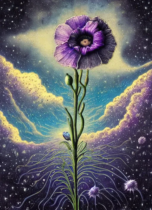 Image similar to detailed, intricate blue black and purple papaverum flower on the field, nebula, galaxy in the sky, winning award masterpiece, fantastically beautiful, illustration, aestheticly inspired, jacek yerka, upscale with anguissola sofonisba work, artstation, 8 k