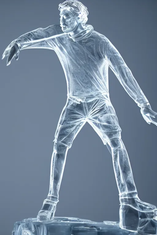 Image similar to transparent ice statue of man in tracksuit, by Michelangelo, ultra realistic render, 4k, volumetric lighting, highly detailed, studio lighting, octane render, glowing, ray tracing, cold mist, bokeh, wide shot