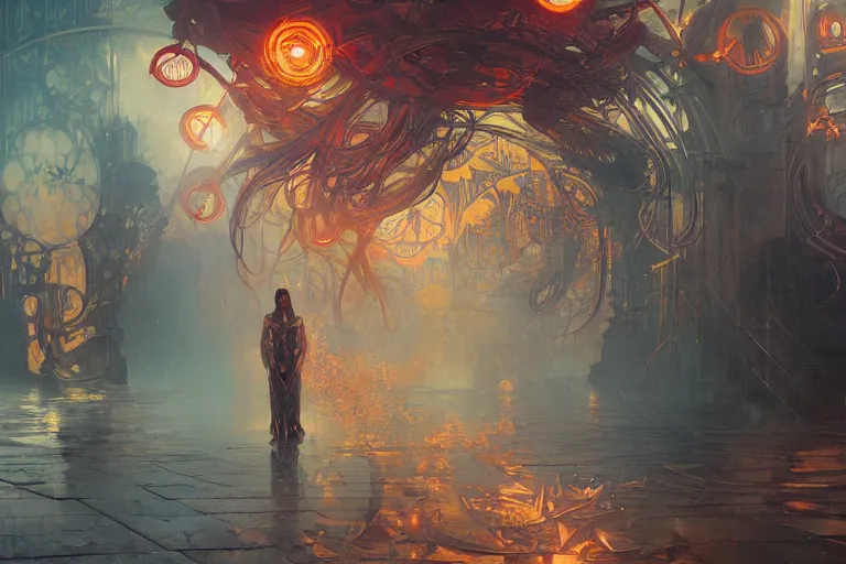 Prompt: arcs of flame intertwined with arcs of water, shards of mercury, dramatic lighting, cyberpunk neon, secret cypher, red flowers, solar flares, intricate art by alphonse mucha and greg rutkowski