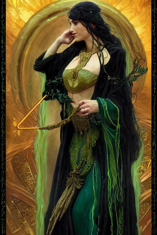Prompt: a tarot card of a beautiful sorceress wearing a black robe with gold embroidery, casting a spell, green glows, painted by artgerm, tom bagshaw, alphonse mucha, and gustav klimt, in the style of magic the gathering, intricate, highly detailed digital art