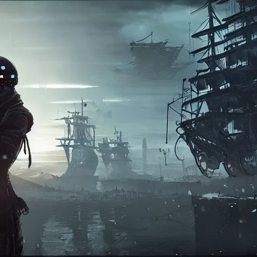 Image similar to i am a cyborg pirate in cyberpunk when visiting frostpunk