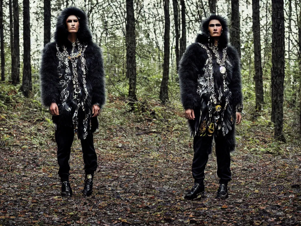 Image similar to versace avant garde oversized jacket arctic fur silver bear necklace textiles streetwear cyberpunk indigenous commanche descendant in the woods overcast late evening dramatic professional color 8 k hdr