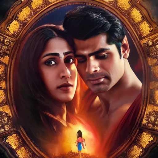 Prompt: perfectly centered bollywood movie promotional poster of anatomically correct hero and heroine romantic pose, faces symmetrical ; real life portrait, ultra realistic, high coherence, intricate, hdr, highly detailed, photorealistic, octane render, 8 k, unreal engine ; art by artgerm, greg rutkowski, charlie bowater, alphonse mucha