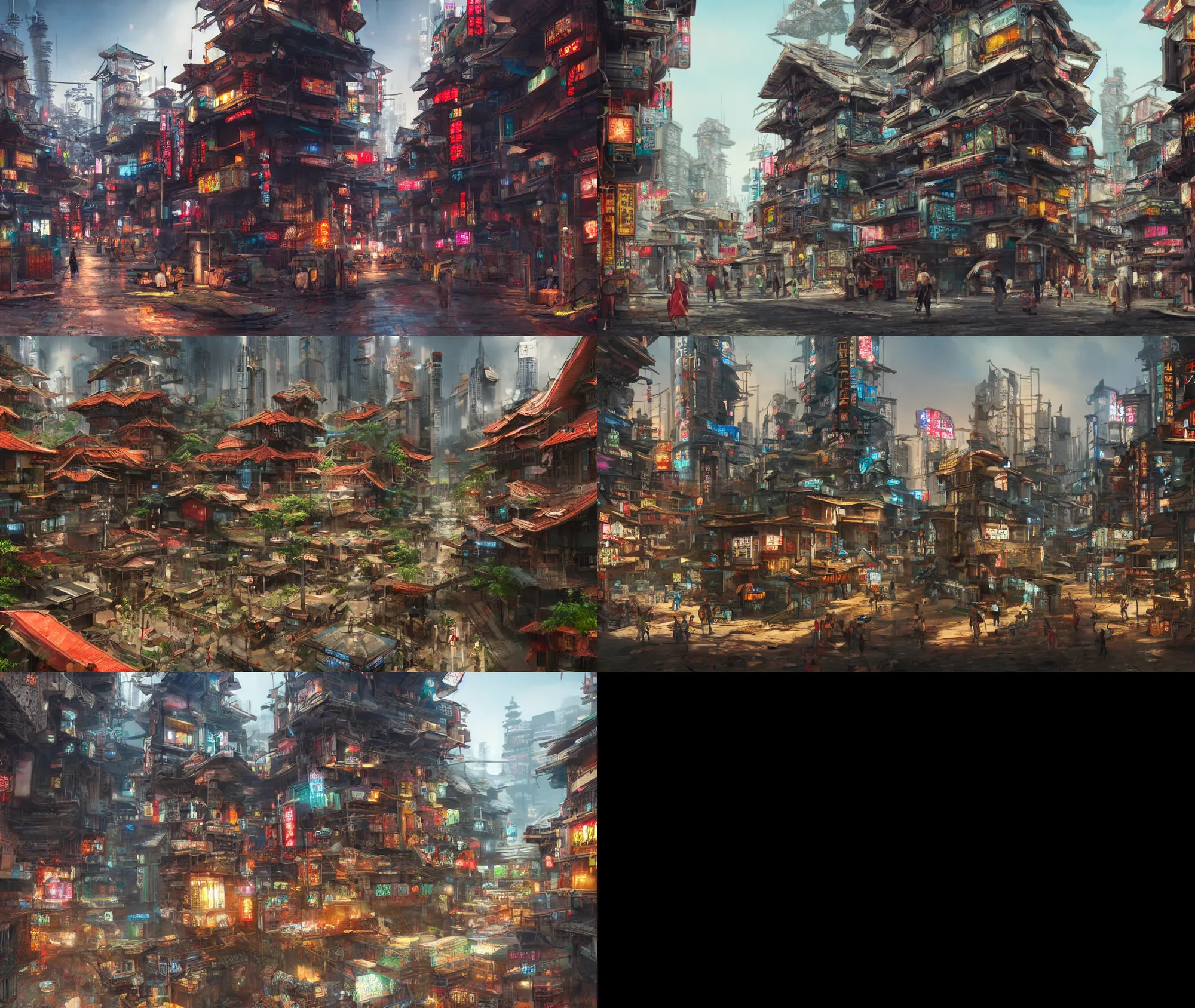 Prompt: oriental, cyberpunk village, concept art, hyperrealistic, highly detailed, 4 k hd