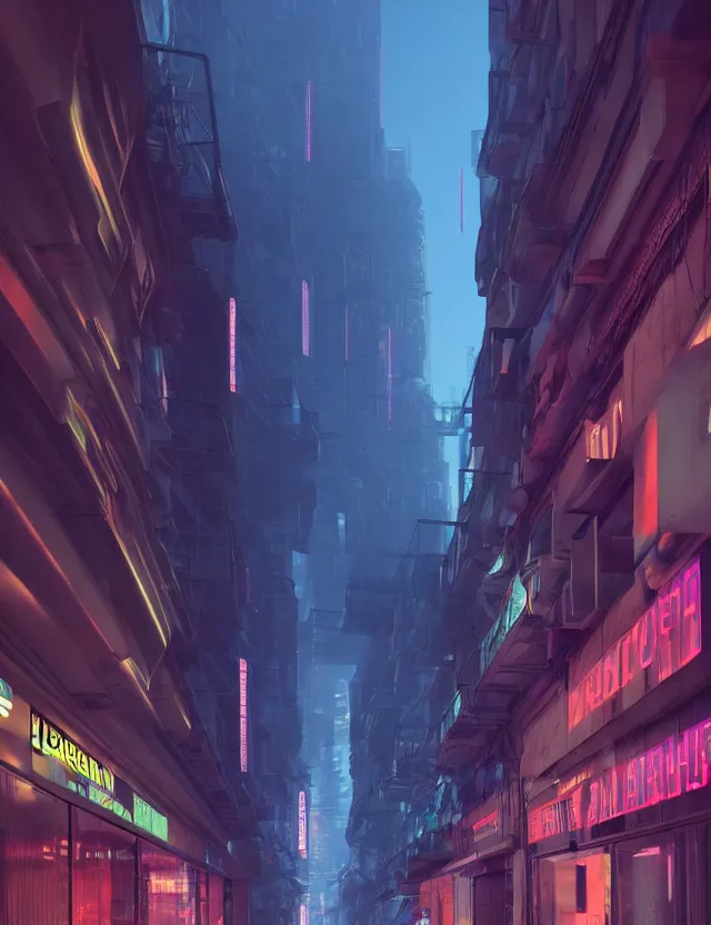 Image similar to a long narrow alleyway between futuristic buildings leading into the horizon, neon billboards, at night, by joseph ducreux, artstation, volumetric lighting, perfect, high detail