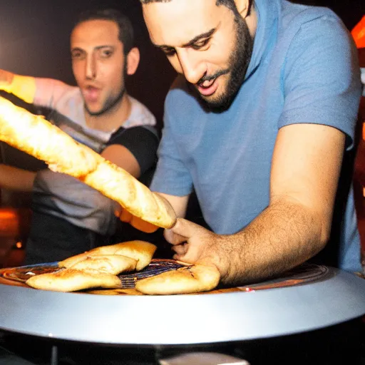 Prompt: in a night club, a disc jockey is scratching with an Israeli pita bread on a turntable