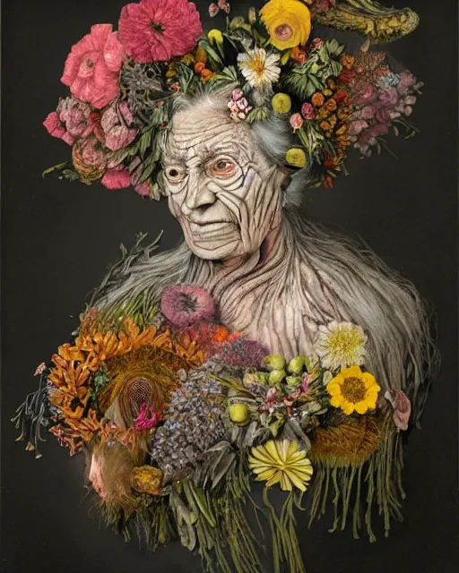 Prompt: a portrait of a fleshy old woman covered in flowers in the style of guiseppe arcimboldo and james jean, covered in wispy gray hair with a hint of neon.