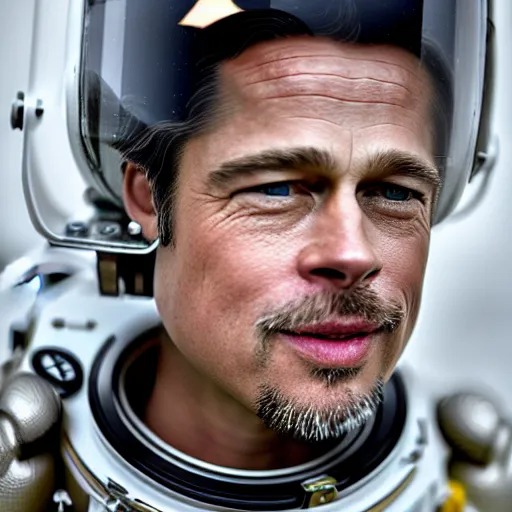 Prompt: Brad Pitt in a spacesuit, a frog sits on a spacesuit, by Ad Astra cinema, very detailed toad on his head, symmetrical face, beautiful eyes, instagram photo, 4k, 8k , by Irving Penn, bokeh, top cinematic lighting , cinematic mood, shot in canon