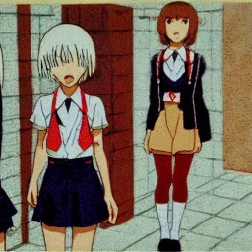 Image similar to screenshot from guro anime, 8 0's horror anime, yellowed grainy vhs footage with noise, four schoolgirls trapped in a bathroom, bathroom stalls and sinks and tiled floor, girls are in beige sailor school uniforms, one girl has white hair, detailed expressive faces, various hair colors and styles, in the style of studio ghibli,