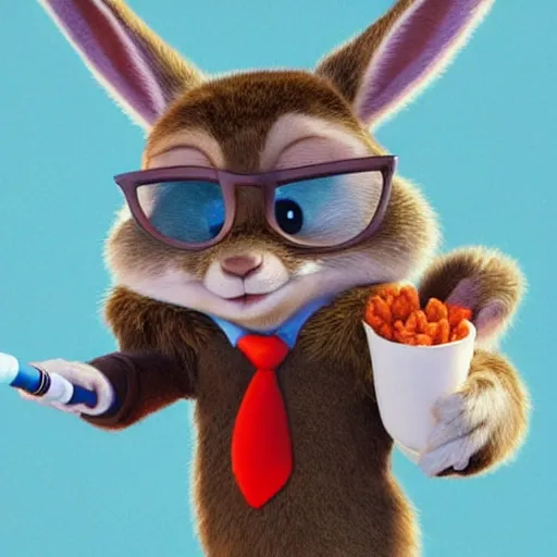 Image similar to very cute kid\'s film character rabbit, disney pixar Zootopia character concept artwork, 3d concept, detailed fur, anthropomorphic animal smoking a carrot shaped cigar blunt, high detail iconic character for upcoming film, trending on artstationhd, charlie bowater, villain character, evil dark cinematic