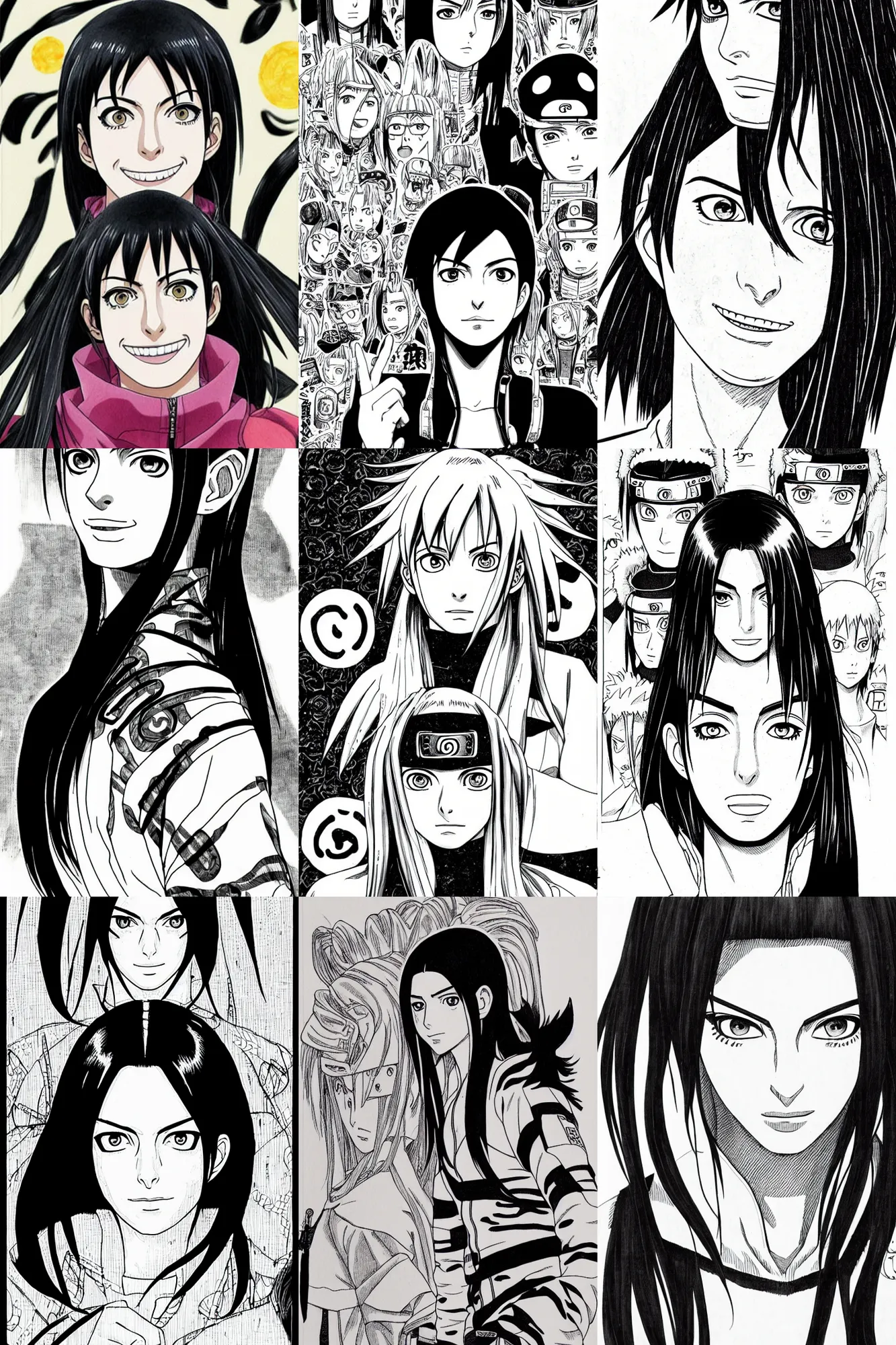 Prompt: detailed anne hathaway portrait in naruto manga by masashi kishimoto, black ink