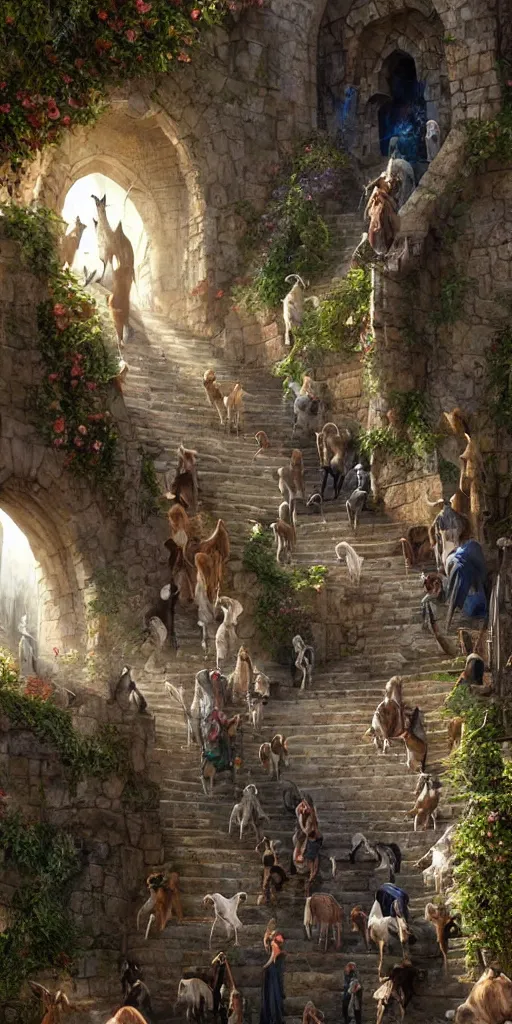 Image similar to a herd of goats!! climbing stairs in a beautiful fantasy castle, medieval city, citadel, magic, tall towers, murals, many goats, sunlight, vivid colors, god rays, digital art, landscape, fantasy art, octane render, unreal engine, high detail, very realistic, by greg rutkowski. by james gurney