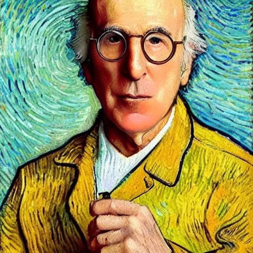 Prompt: Larry David eating a bagel in the style of Van Gogh, oil painting