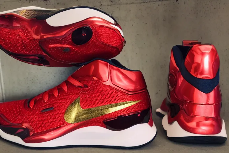 Image similar to mid product still of The New metallic red and gold Ironman Nike sneakers with glowing arc reactor swoosh and carbon fiber accents, 4k