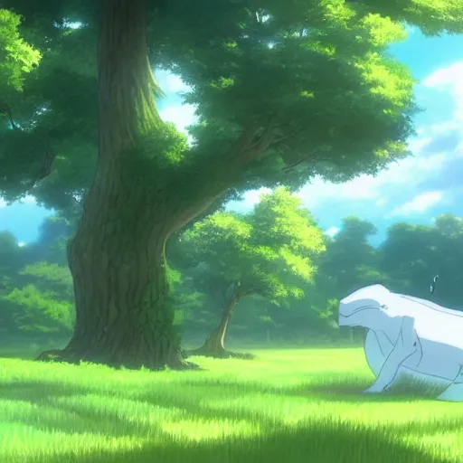 Image similar to big white whale flying near giant tree in the green field, anime, HD,