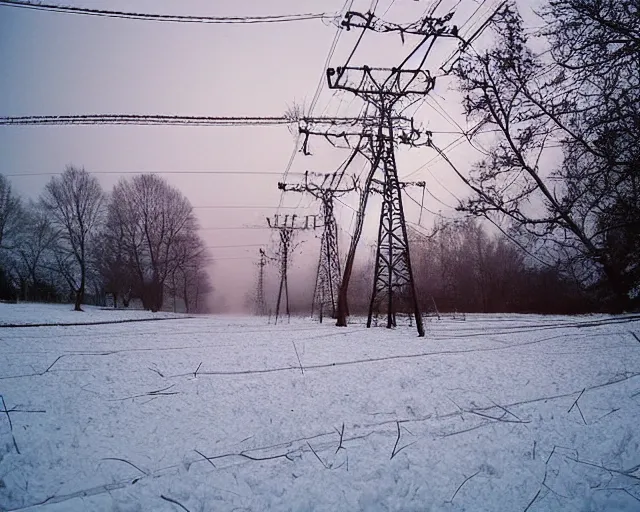 Image similar to a field covered in snow with power lines above it, a photo by kazys varnelis, featured on flickr, ecological art, photo taken with provia, matte photo, photo, at dawn