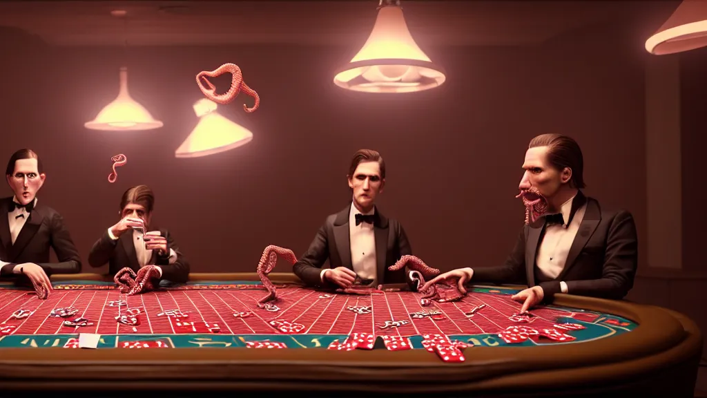 Image similar to hyperrealism simulation highly detailed human octopuses'wearing detailed tuxedos and smoking, playing poker in surreal scene from art house movie from future by wes anderson and denis villeneuve and mike winkelmann rendered in blender and octane render