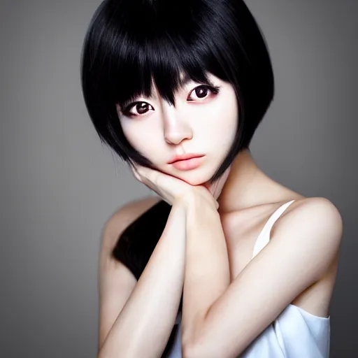 Prompt: photorealistic portrait of beautiful japanese girl, black hair, smooth face, perfect eyes, half body shot, elegant, realistic, glowing skin, detailed, symmetric, face, angelic beauty, sharp focus, famous model, professional photography