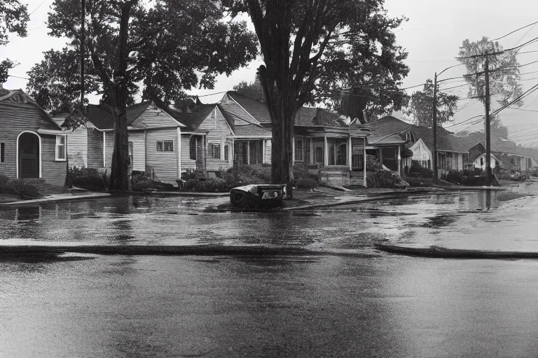 Image similar to a detailed photograph of a 1 9 7 0 s american neighborhood by gregory crewdson, photoreal, 4 k, rain